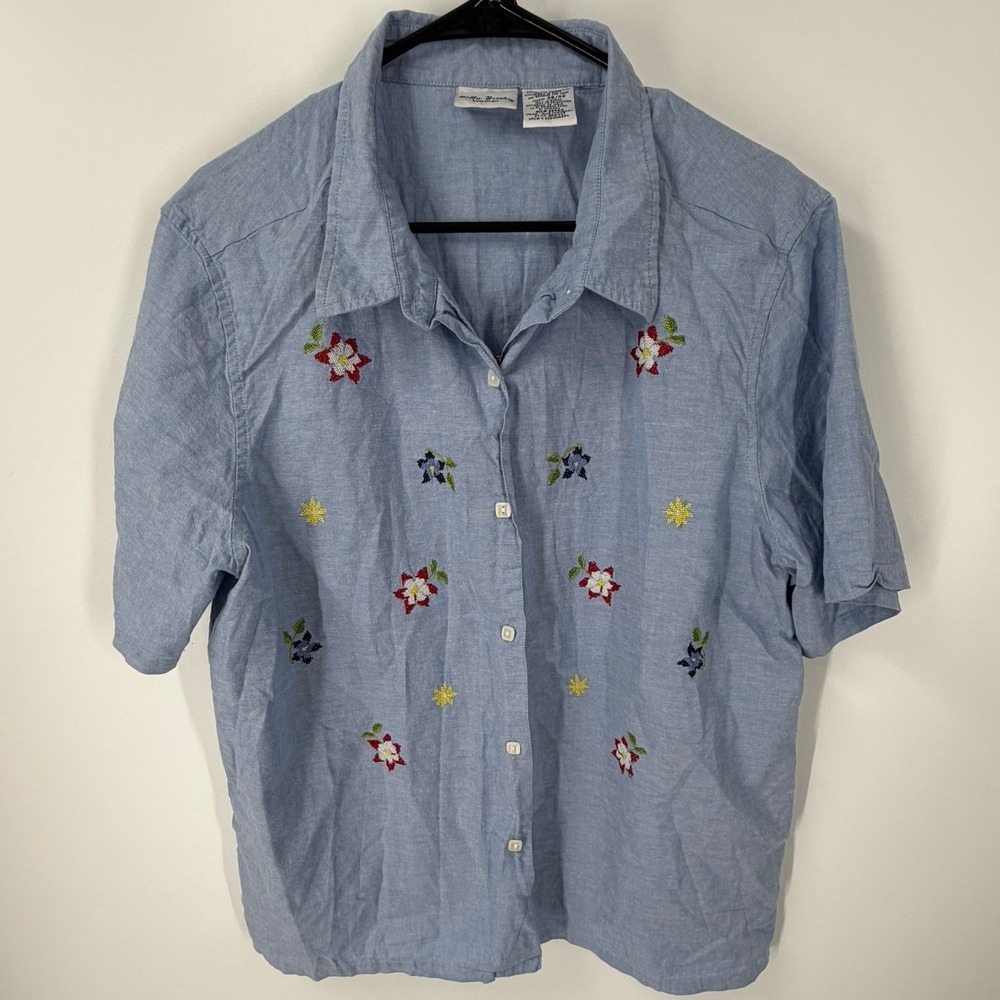 Bobbie Brooks Womans Blue Floral Embroidered Red Gingham Mock Layer Shirt 18/20W
